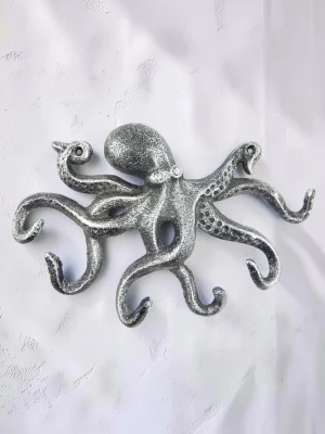 Nautical Octopus Wall Hook Rack - Cast Iron Decorative Key and Coat Hanger - Antique Silver Finish