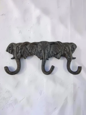 Triple Elephant Trunk Decorative Wall Hook Rack - Antique Style Cast Iron Hanger for Keys, Towels, and Coats