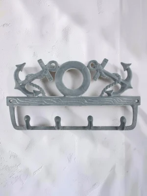 Royalchessset Anchor Wall Hook Rack Cast Iron 4-Hook Nautical Decor