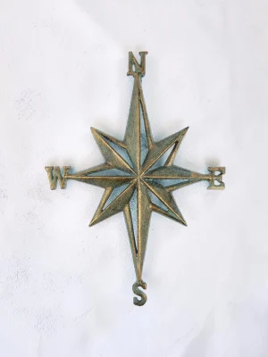 Royalchessset Nautical Compass Rose Wall Art Cast Iron 14-Inch Verdigris Coastal Decor