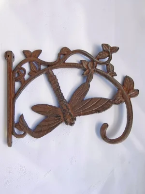 11-Inch Heavy Duty Cast Iron Dragonfly Wall Bracket for Hanging Plants, Rustic Antique Brown Decorative Garden Hook