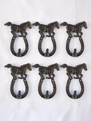 6-Pack Rustic Horseshoe Wall Hooks - Heavy-Duty Cast Iron Decorative Hangers for Coats, Towels, and Keys