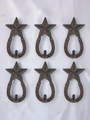 6-Piece Cast Iron Horseshoe Star Wall Hooks - Rustic Western Decorative Hangers for Coats, Towels, and Keys