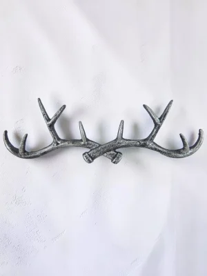 Rustic Cast Iron Antler Wall Hook Rack - 14.5-inch Heavy Duty Decorative Organizer for Coats, Keys, and Towels