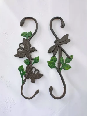Royalchessset Hanging Plant Hooks Cast Iron Butterfly & Dragonfly Decorative Garden Wall Brackets 12-Inch Set of 2