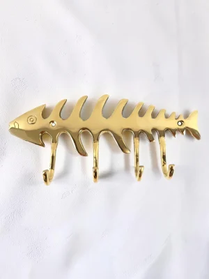 Solid Brass Fish Skeleton Wall Hook - Decorative Nautical Key & Coat Rack