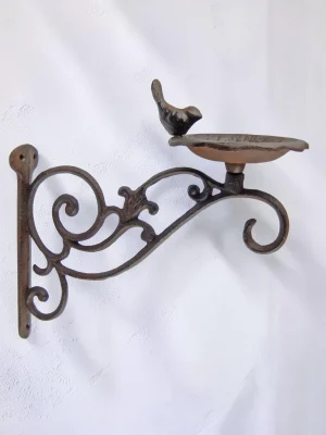 Heavy-Duty Cast Iron Wall Bracket with Integrated Bird Feeder - Decorative 11-inch Plant Hanger for Garden and Porch