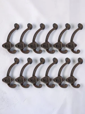 12-Pack Heavy Duty Cast Iron Double Wall Hooks - Rustic Farmhouse Style Coat, Hat, and Towel Hangers - 3.5 Inch