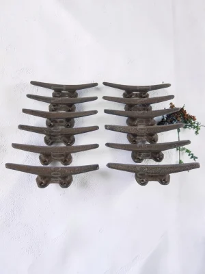 12-Pack Heavy Duty Cast Iron Nautical Cleat Hooks - 5" Rustic Industrial Wall Hooks for Towels, Coats & Deck Decor