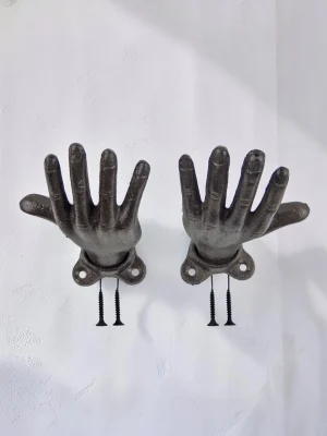 Set of 2 Cast Iron Open Hands Wall Hooks - Decorative Rustic Key, Coat, and Towel Hangers with Mounting Hardware