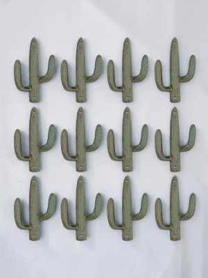 Set of 12 Heavy-Duty Cast Iron Cactus Wall Hooks - Rustic Green & Gold Southwest Decorative Double Hanger for Coats, Towels, and Purses