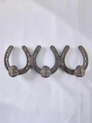 Rustic Cast Iron Railroad Spike Horseshoe Triple Wall Hook Rack - Heavy Duty Industrial Entryway Organizer