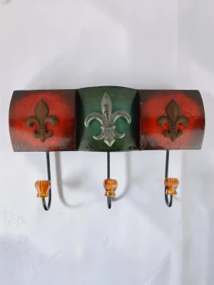 Fleur De Lis Rustic Metal Wall Hook Rack with Jeweled Tips - Heavy Duty Decorative Organizer for Towels and Coats