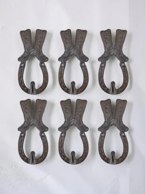 Royalchessset Wall Hooks Rustic Cast Iron Horseshoe & Boot Heavy Duty Western Decor Hangers 6-Piece Set