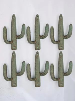6-Pack Cast Iron Cactus Wall Hooks - Decorative Southwest Style Double Hangers for Coats, Towels, and Purses