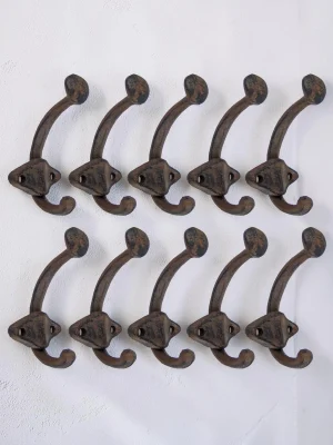 10 Pack Cast Iron Double Wall Hooks - Rustic Farmhouse Style Coat, Hat, and Towel Hangers - 3.5 Inch Heavy Duty Metal Hook Set